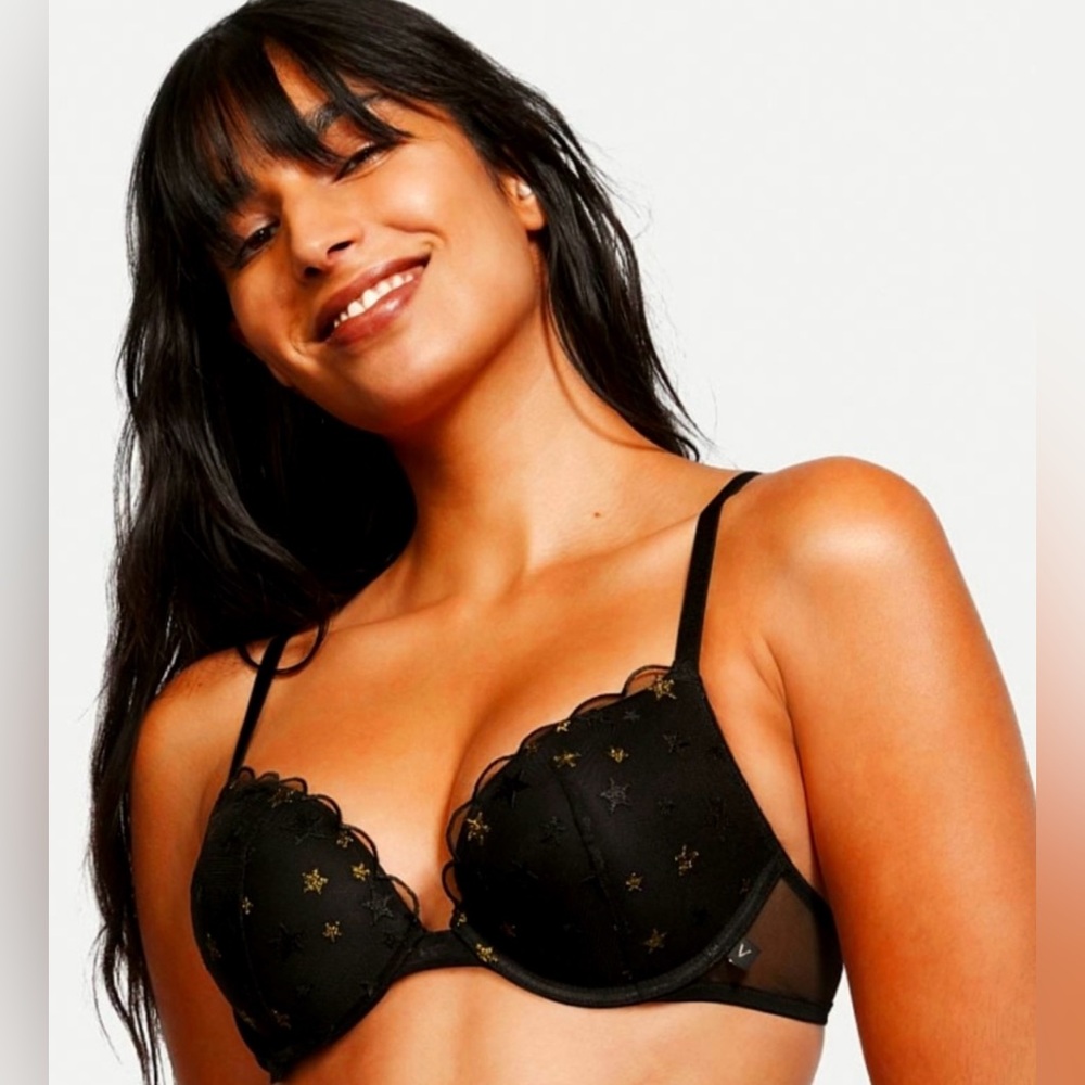 Victoria's Secret Sexy Tee Sexy T-Shirt Push Up Black Gold Stars Bra NWT Sz 34/C